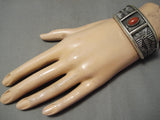 Thick And Heavy! Navajo Coral Sterling Silver Native American Bracelet-Nativo Arts