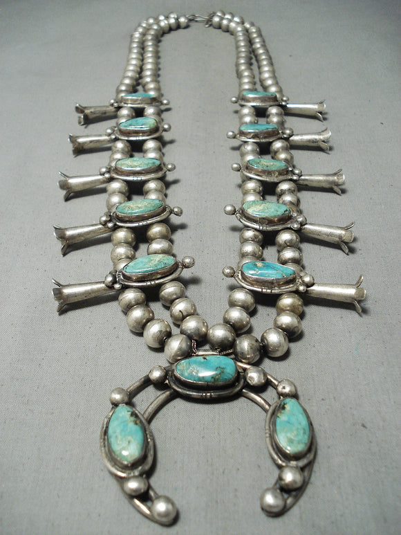 Heavy 1940's Vintage Native American Navajo Turquoise Sterling Silver Squash Blossom Necklace-Nativo Arts