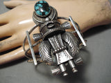 Towering Huge Vintage Native American Navajo Turquoise Kachina Sterling Silver Bracelet Old-Nativo Arts