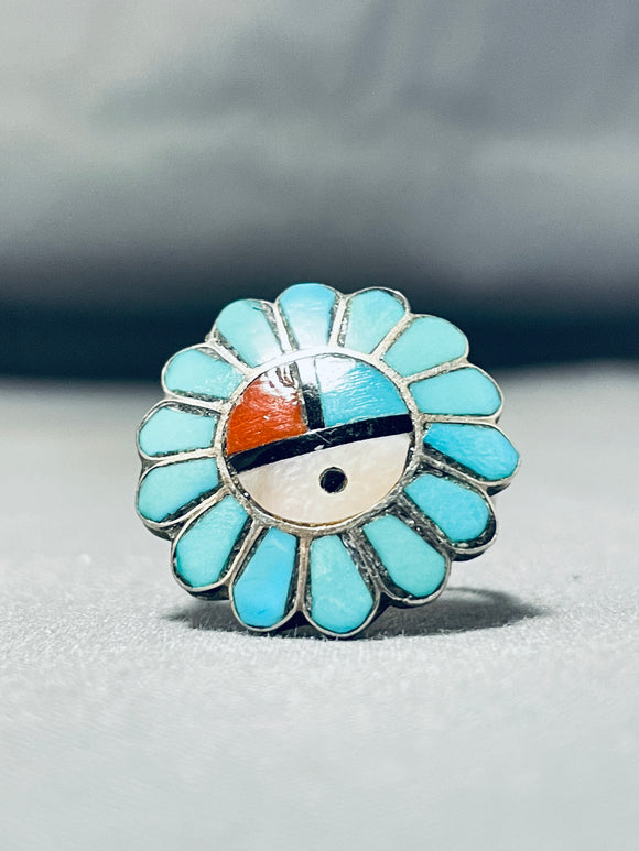 Remarkable Vintage Native American Zuni Inlay Turquoise Coral Jet Sunface Sterling Silver Ring-Nativo Arts