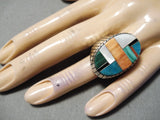 Huge Men's Native American Navajo Inlay Turquoise Coral Jet Sterling Silver Ring-Nativo Arts