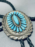 Native American Completely Hand Carved Vintage Navajo Turquoise Sterling Silver Bolo Tie-Nativo Arts
