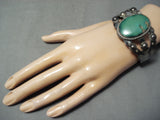 Early Vintage Native American Navajo Repoussed Sterling Silver Green Turquoise Bracelet-Nativo Arts