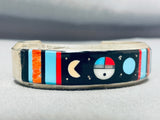 Amazing Native American Navajo Inlay Turquoise Jet Coral Sunface Cosmic Sterling Silver Cuff-Nativo Arts