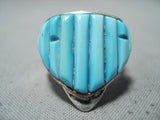 Signed Vintage Native American Navajo Handcarved Turquoise Sterling Silver Ring-Nativo Arts