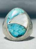 Heavy Vintage Native American Navajo Pilot Mountain Turquoise & Mop Sterling Silver Ring-Nativo Arts