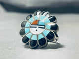 Very Detailed Authentic Vintage Native American Zuni Turquoise Sterling Silver Inlay Ring-Nativo Arts