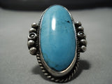 Domed Elongated Ky Blue Turquoise Vintage Navajo Native American Jewelry jewelry Sterling Silver Ring-Nativo Arts