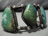 Dramatic Vintage Native American Navajo Triple Turquoise Sterling Silver Bracelet Old-Nativo Arts