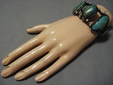 Dramatic Vintage Native American Navajo Triple Turquoise Sterling Silver Bracelet Old-Nativo Arts