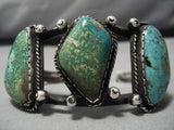 Dramatic Vintage Native American Navajo Triple Turquoise Sterling Silver Bracelet Old-Nativo Arts