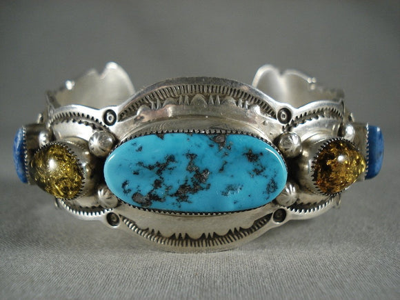 Dramatic Vintage Navajo Turquoise Lapis Trapazoid Native American Jewelry Silver Bracelet-Nativo Arts