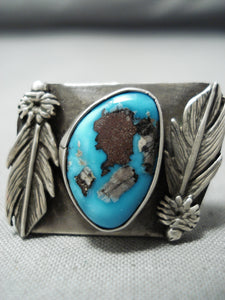 So Unique! Vintage Native American Navajo Old Deposit Turquoise Sterling Silver Feather Ring-Nativo Arts