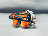 One Of The Most Intricate Native American Navajo Turquoise Inlay Sterling Silver Bear Ring-Nativo Arts