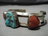 Amazing Vintage Navajo Native American Turquoise Coral Sterling Silver Bracelet-Nativo Arts
