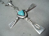 Heavy Cross Native American Navajo Kingman Turquoise Sterling Silver Cross Necklace-Nativo Arts
