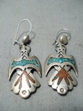 Unique Vintage Native American Navajo Turquoise Chip Inlay Sterling Silver Birds Earrings Old-Nativo Arts
