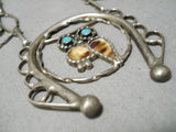 Detailed Vintage Native American Zuni Turquoise Inlay Sterling Silver Squash Blossom Necklace-Nativo Arts