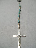 Amazing Blue Diamond Turquoise Native American Navajo Sterling Silver Rosary Christian Necklace-Nativo Arts