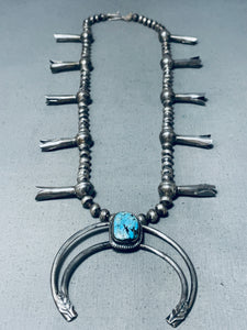 Blue Diamond Turquoise Vintage Native American Navajo Sterling Silver Squash Blossom Necklace-Nativo Arts