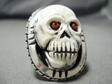 Native American Huge Important Francisco Gomez Coral Sterling Silver Skull Ring-Nativo Arts