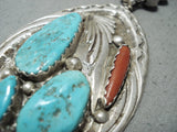 Signed Vintage Native American Zuni Blue Gem Turquoise Coral Sterling Silver Necklace-Nativo Arts