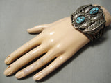 Huge Vintage Native American Navajo Leaf Love Turquoise Sterling Silver Bracelet Old-Nativo Arts