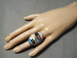 Native American Huge Men's Thick Sturdy Turquoise Coral Inlay Sterling Silver Ring Old-Nativo Arts