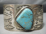 Wide Vintage Native American Navajo Hand Tooled #8 Turquoise Sterling Silver Bracelet-Nativo Arts