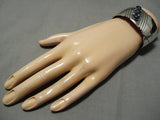 Superior Vintage Native American Navajo Hand Wrought Sterling Silver Lapis Bracelet Old-Nativo Arts