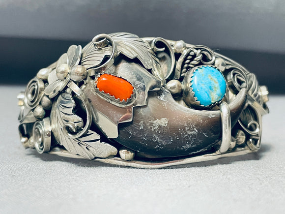 Bear And Leaf Native American Navajo Turquoise Coral Sterling Silver Bracelet-Nativo Arts