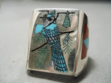 Important Native American Zuni Bluejay Turquoise Sterling Silver Coral Ring-Nativo Arts