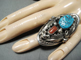 Striking Native American Navajo Turquoise Coral Sterling Silver Large Ring-Nativo Arts