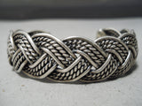 Intricate Hand Woven Vintage Native American Navajo Sterling Silver Rug Bracelet Old-Nativo Arts