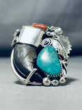 Gigantic Mens Native American Navajo Turquoise Coral Sterling Silver Leaf Ring-Nativo Arts