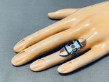 Fabulous Vintage Native American Navajo Blue Gem Turquoise Sterling Silver Ring-Nativo Arts