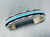 Native American Heavy Unique Inlay Vintage Zuni Turquoise Sterling Silver Bracelet-Nativo Arts