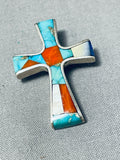 Colorful Vintage Native American Navajo Turquoise Coral Lapis Sterling Silver Cross Pendant-Nativo Arts
