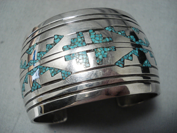 Huge Vintage Native American Navajo Hand Tooled Sterling Silver Turquoise Bracelet-Nativo Arts