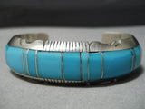 Thick Sturdy Vintage Native American Navajo Sky Blue Turquoise Inlay Sterling Silver Bracelet-Nativo Arts