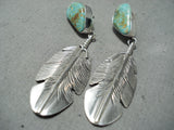 Native American Detailed Feather Genius Royston Turquoise Sterling Silver Earrings-Nativo Arts