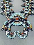 Authentic Vintage Native American Zuni Turquoise Sterling Silver Inlay Squash Blossom Necklace-Nativo Arts