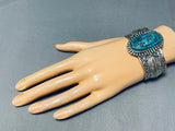 One Of Most Detailed Chief Head Hand Carved Turquoise Sterling Silver Bracelet-Nativo Arts