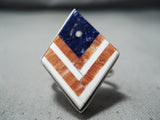 Exceptional Navajo Lapis Sterling Silver Flag Ring Native American-Nativo Arts