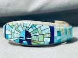 One Of The Most Detailed Vintage Native American Navajo Turquoise Inlay Sterling Silver Bracelet-Nativo Arts