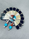 Breathtaking Vintage Native American Zuni Signed Inlay Turquoise Coral Jet Sunface Pin Pendant-Nativo Arts