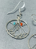 Glorious Native American Navajo Coral Turquoise Sterling Silver Dreamcatcher Earrings-Nativo Arts