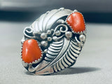 Tommy Nez Native American Navajo Coral Chunk Sterling Silver Leaf Ring-Nativo Arts