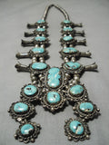 Very Rare Vintage Native American Navajo Turquoise Sterling Silver Squash Blossom Necklace Old-Nativo Arts