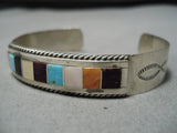 Marvelous Vintage Native American Navajo Turquoise Inlay Sterling Silver Bracelet Old-Nativo Arts